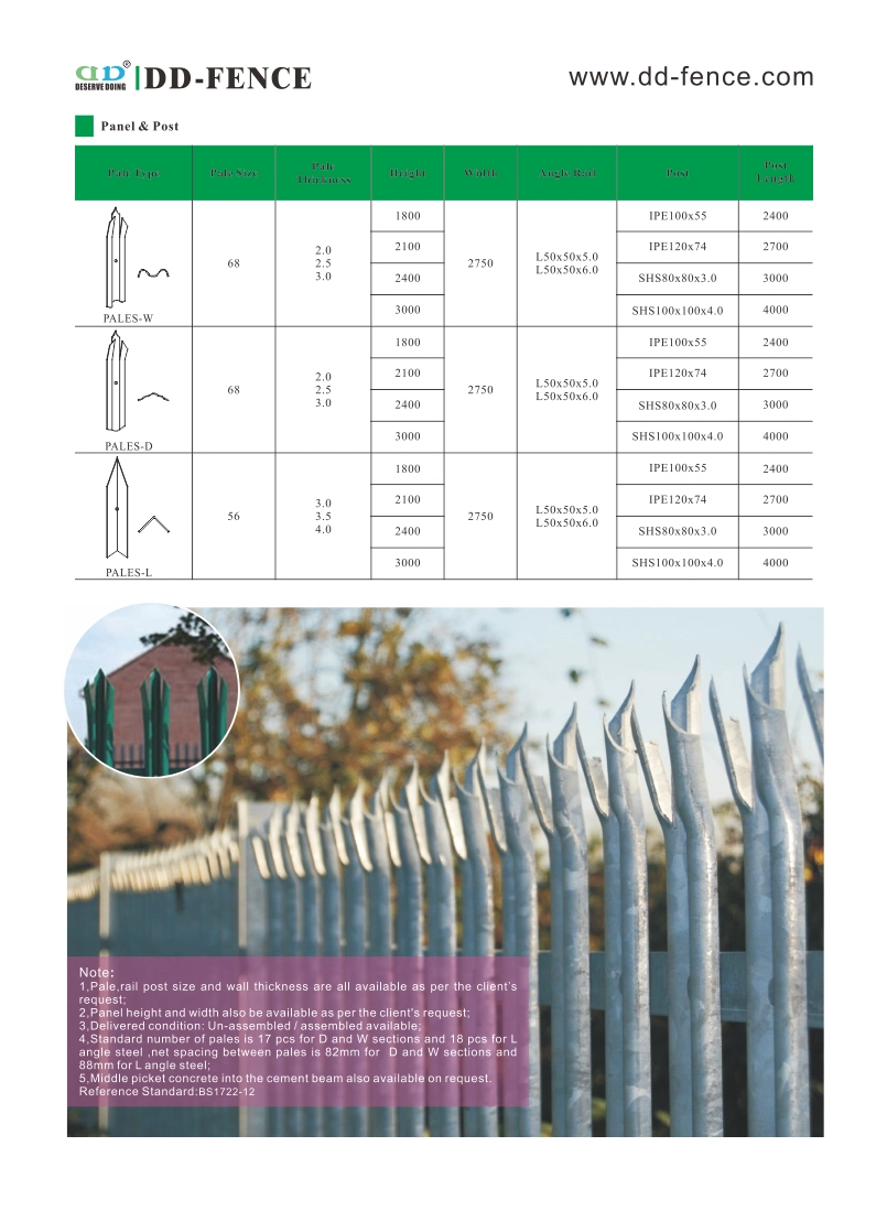 W Section Pale 50*50*6mm Angle Iron Security Concrete Wall Steel Palisade Fencing Ipe Post Design Hot Dipped Galvanized or Powder Coated